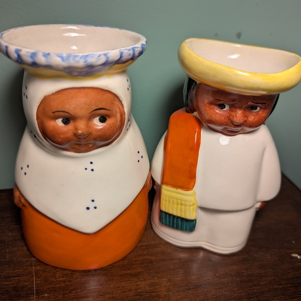 💛 🧡 Czech Couple Germany Erphila Colorful Ceramic Figurine Creamer Pitchers 5"